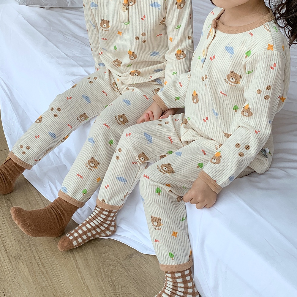 Set quần áo sơ sinh dài tay vải cotton tổ ong mặt gấu họa tiết bắt mắt, Bộ quần áo bé trai và bé gái mềm mại thoáng mát