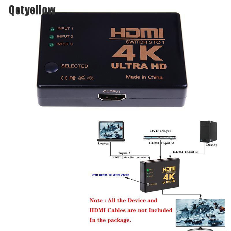 Qetyellow Hdmi switch 3 port 4k*2k switcher splitter box ultra hd for dvd hdtv xbox