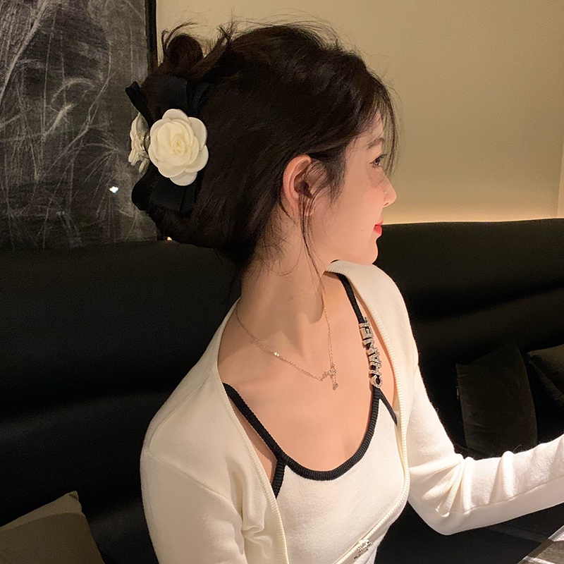Kẹp Tóc Nơ Vải Hoa Trà Trắng Vintage Hàn Quốc Thanh Lịch Cho Nữ