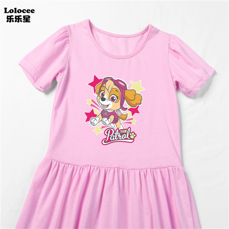 Cô gái Phim hoạt hình Paw Patrol Dress Trẻ em dễ thương in hình con chó ngắn tay áo bông công chúa sinh nhật váy 4-14y