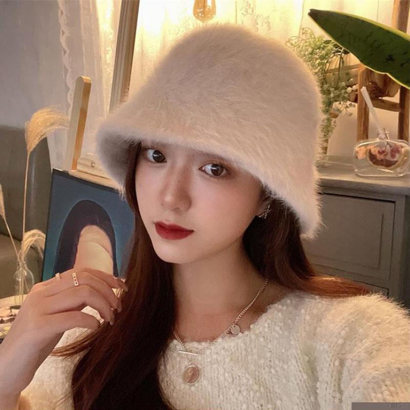 Mũ bucket nữ phối lông cừu giả dày dặn màu trơn thời trang phong cách Hàn Quốc