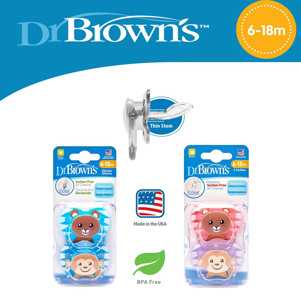 Bộ 2 ty ngậm Dr.Brown's in hình con gấu và con khỉ dành cho bé trai từ 6-12 tháng