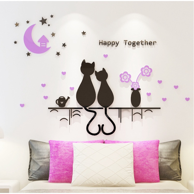 Tranh dán tường mica 3d decor khổ lớn - đôi mèo tình nhân Nhiều Size - EPeBen