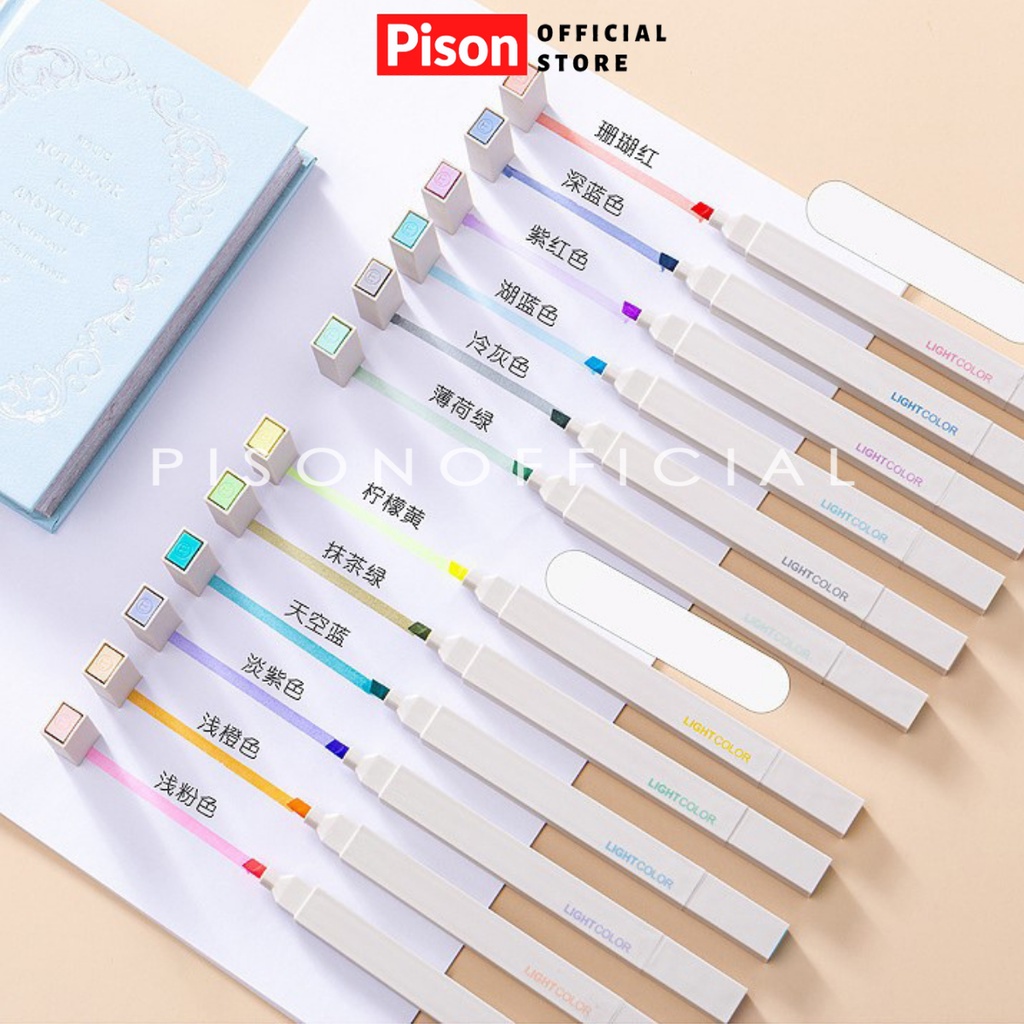 Bút highlight Pastel 2 đầu có hai loại Pison, bút đánh dấu bút nhớ trang trí sổ - 1 hộp