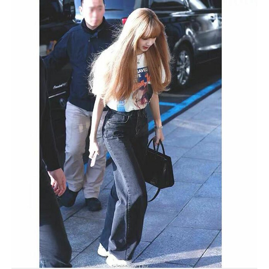 Quần jean dài lưng cao ống rộng màu đen phong cách blackpink lisa cá tính