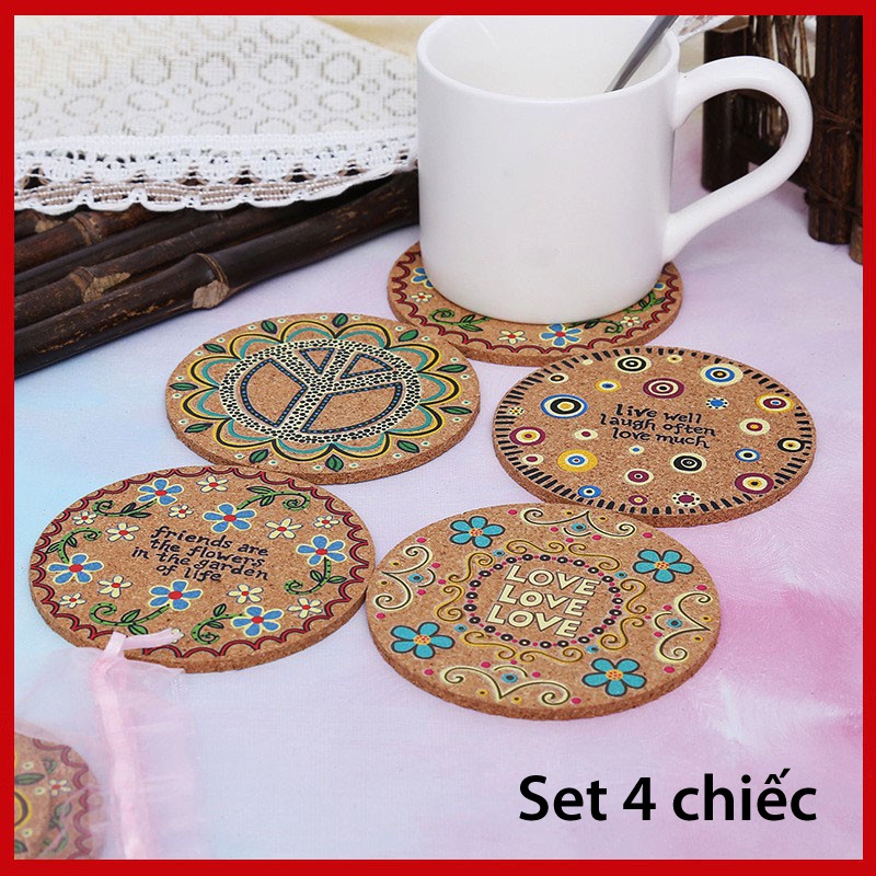 [ĐẸP XỊN] Miếng lót ly chất liệu gỗ hoa văn độc đáo (4 chiếc LÓT LY)