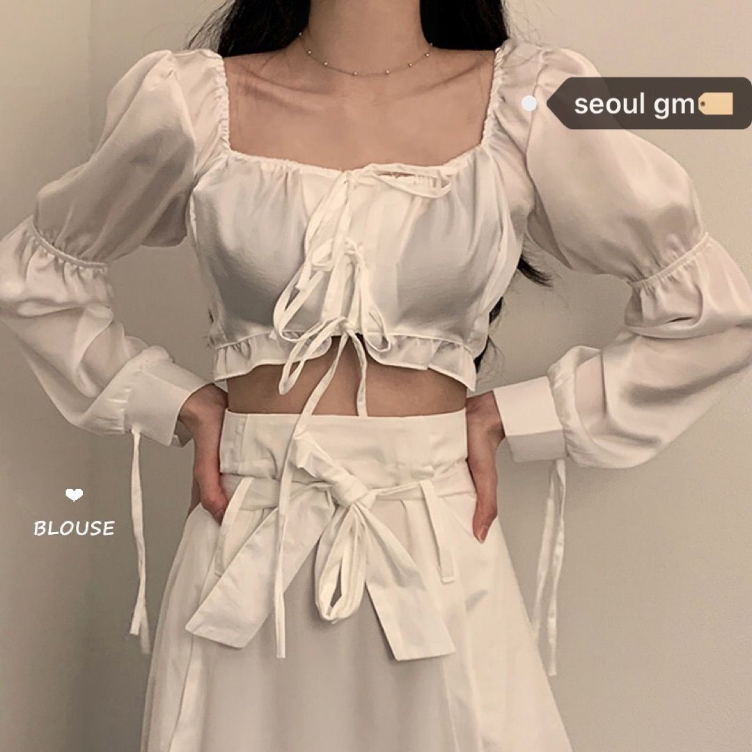 Fashion suit women's spring and Autumn New Korean chic Retro High Waist BM Square Neck Shirt high waist skirt 2 pieces