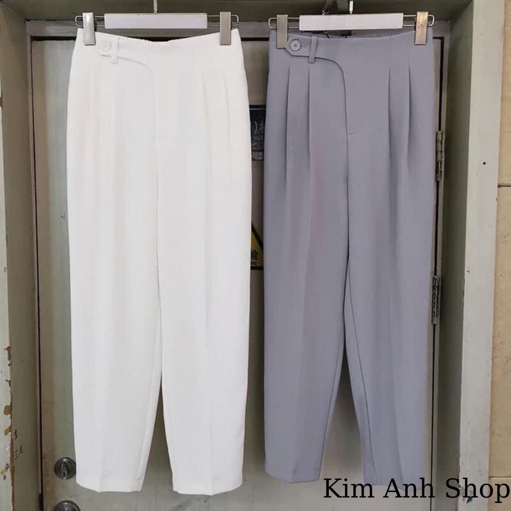 Quần baggy nữ hàng thiết kế cạp cao cách điệu khuy cài lệch,Quần tây lưng chun thoải mái,mặc đi làm,đi học_Kim Anh Shop
