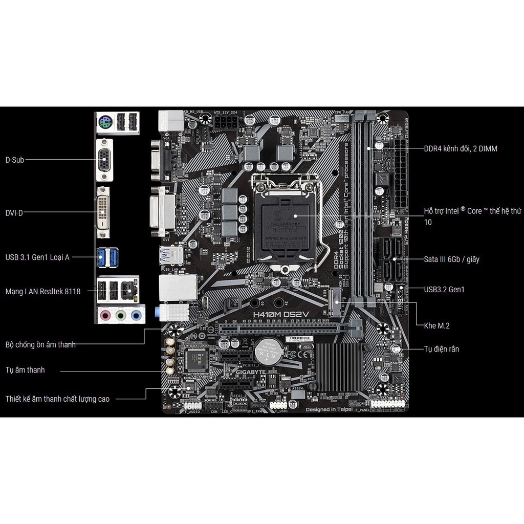 [Mã 153ELSALE2 giảm 7% đơn 300K] Main Gigabyte H410M-DS2V (Chipset Intel H410/ Socket LGA1200/ VGA onboard)