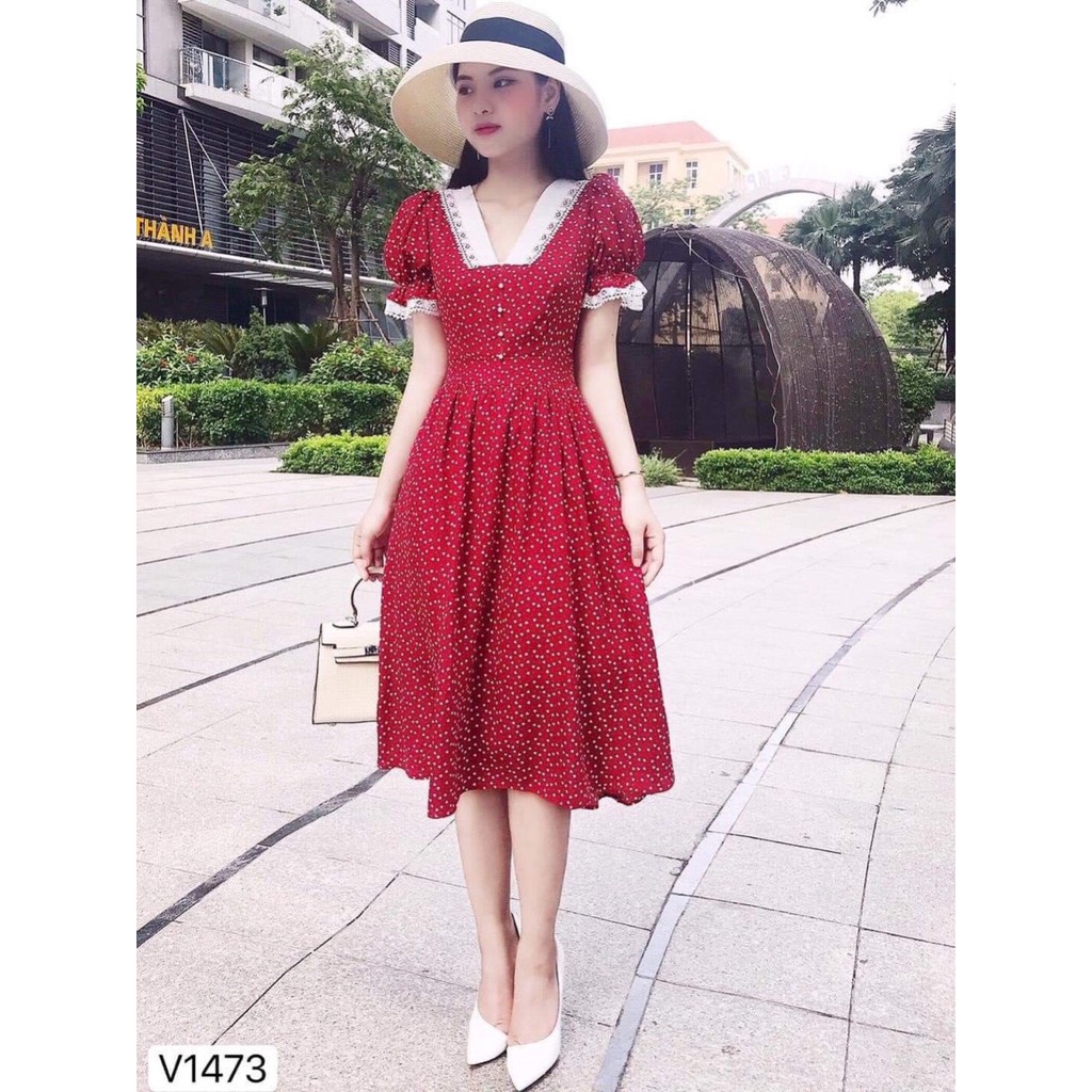 Đầm Váy Nữ Dáng Xòe Chấm Bi Phối Ren Quý Cô Dự Tiệc Thời Trang Bonucci