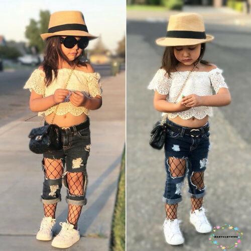 Set áo ngắn tay cổ tròn + Quần jeans dài thời trang cho bé gái