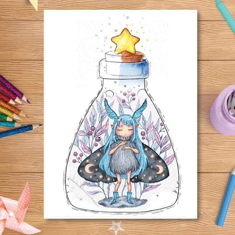 Line art tranh tô màu nước fantasy  giấy dầy đẹp