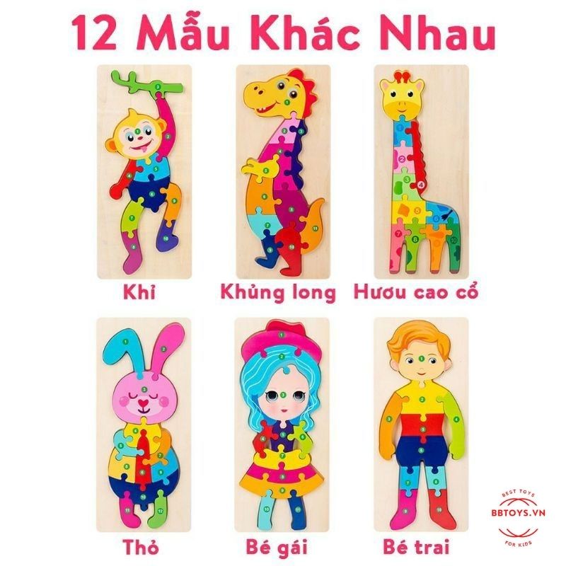 Đồ chơi gỗ montessori, đồ chơi ghép tranh gồm 10-12 mảnh có nối số thứ tự giúp bé phát triển tư duy xếp hình