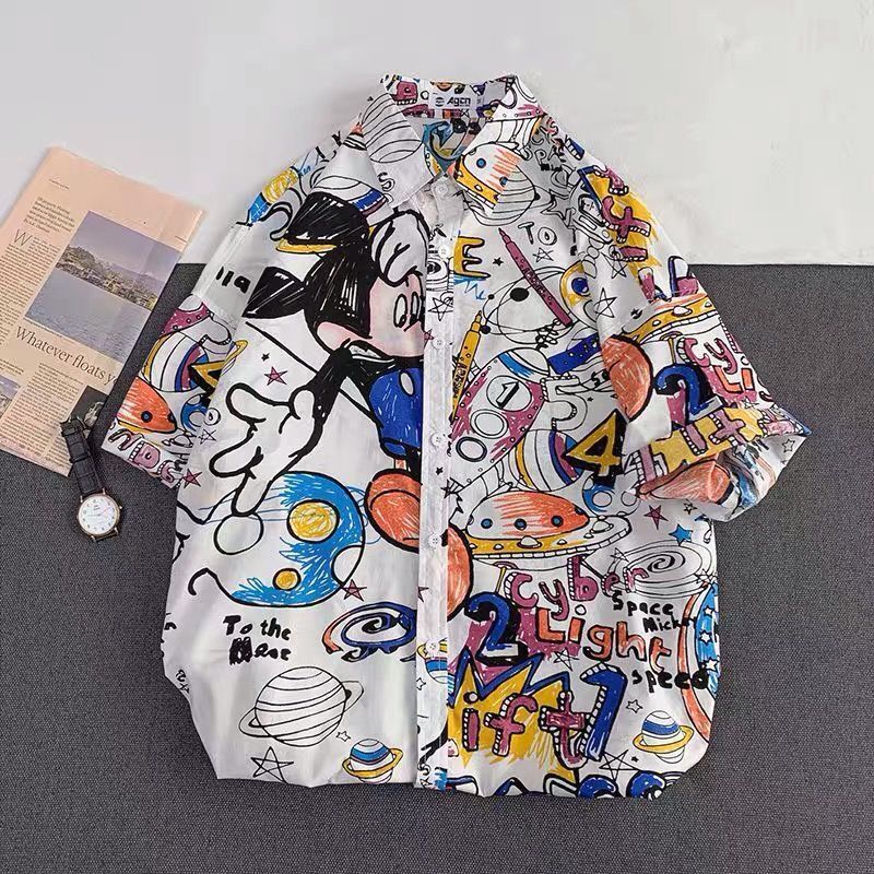 Áo Sơ Mi Tay Ngắn Dáng Rộng In Hoạt Hình One Piece Chuột Mickey Thời Trang Mùa Hè Cho Nam Và Nữ