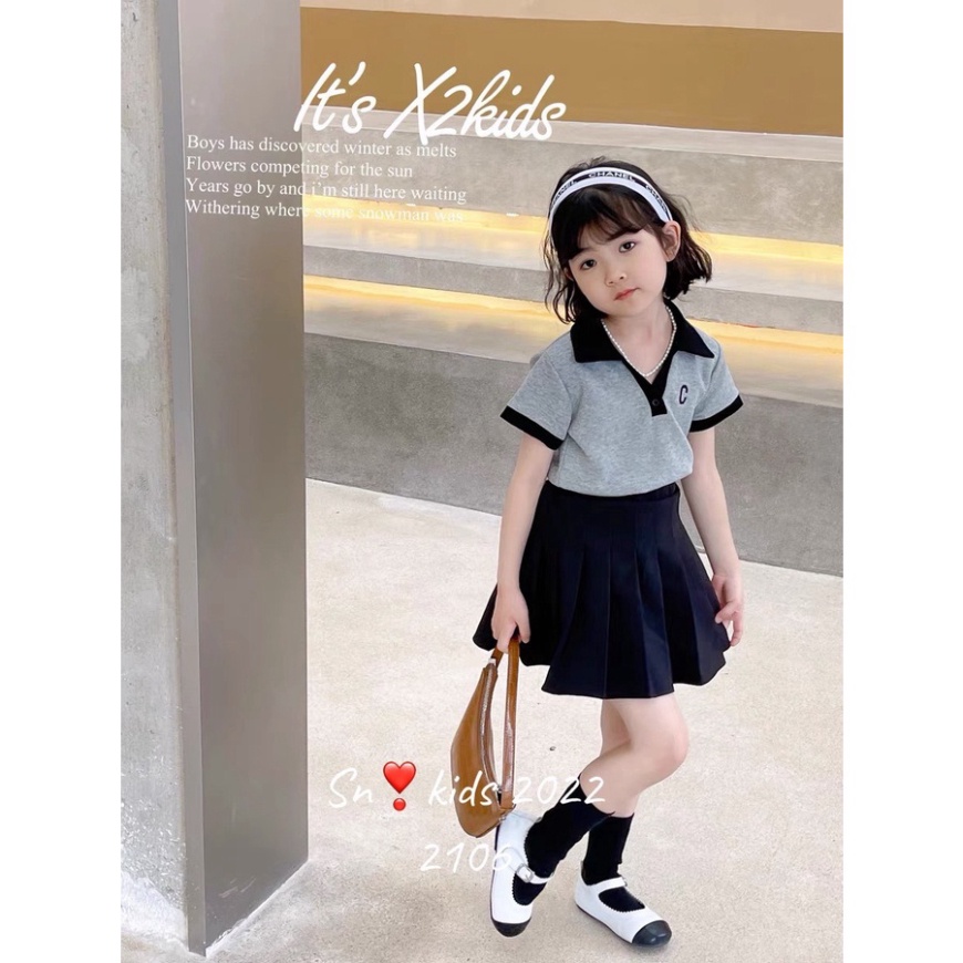 Sét áo thun kèm chân váy cho bé gái kiểu dáng thể thao, Set váy chữ C cho bé size 15-38kg