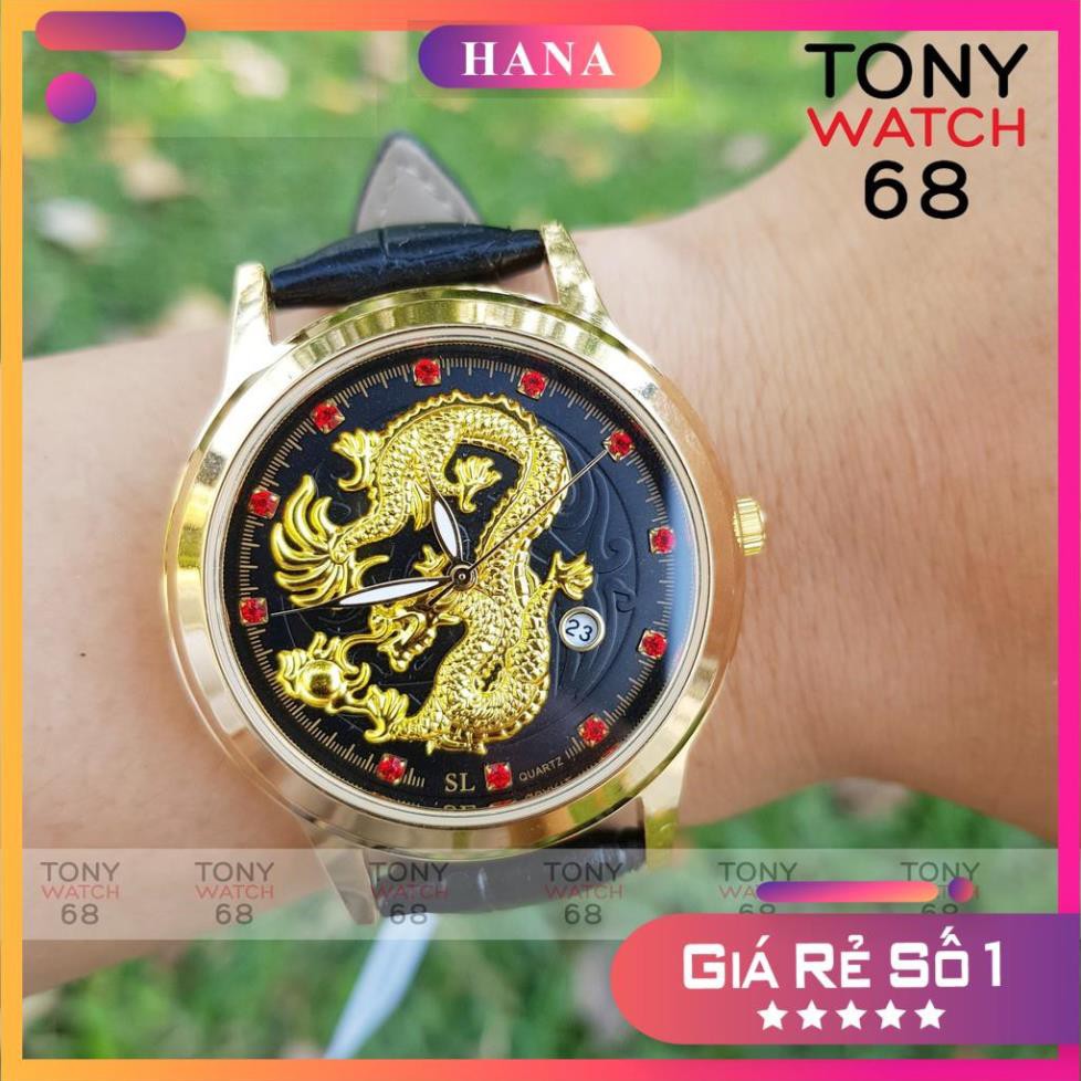 Đồng hồ nam SL dây da mặt rồng nổi mạ vàng đá xanh đỏ có lịch quyền lực chính hãng Tony Watch