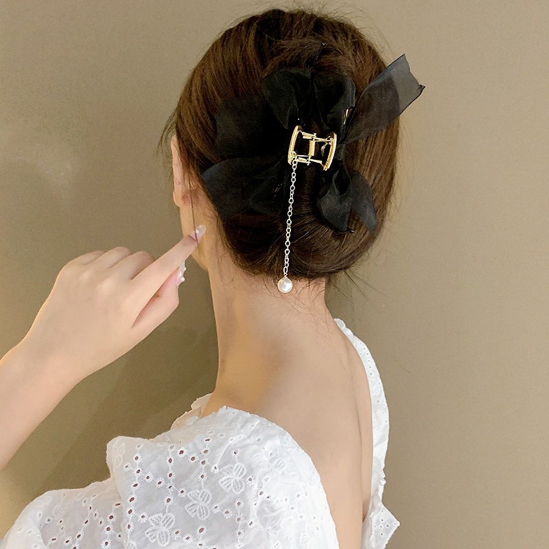 Kẹp Tóc Hình Nơ Vải Lưới Đính Ngọc Trai Cỡ Lớn Phối Tua Rua Thời Trang Cho Nữ