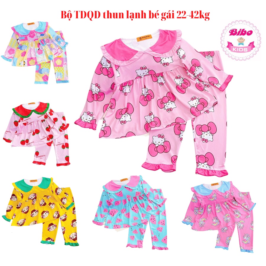 [22-42kg] Bộ babydoll tay dài cổ cánh sen chất thun lạnh 3D in hoạt hình siêu đẹp cho bé gái, Đồ bộ thu đông, đồ ngủ