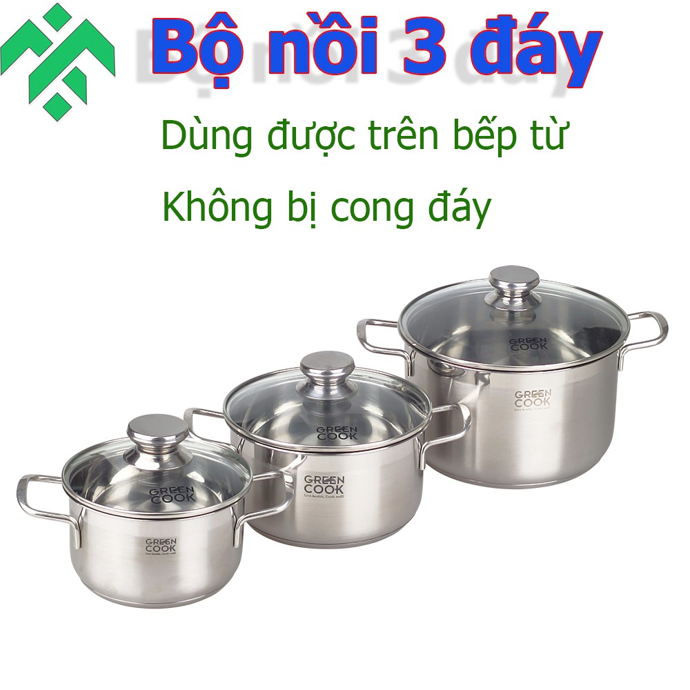 Bộ nồi inox đáy từ Greencook GCS06-T1 thiết kế 3 đáy, không bị cong đáy khi nấu