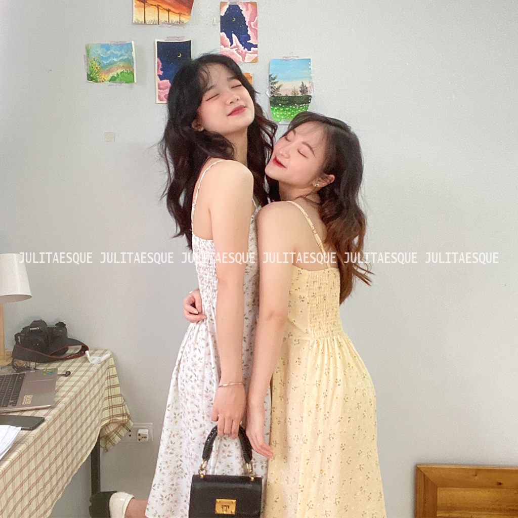 Váy hoa nhí 2 dây, đầm hoa nhí hai dây dáng dài maxi chất voan có bo chun đi biển, đi chơi - Liti Dress