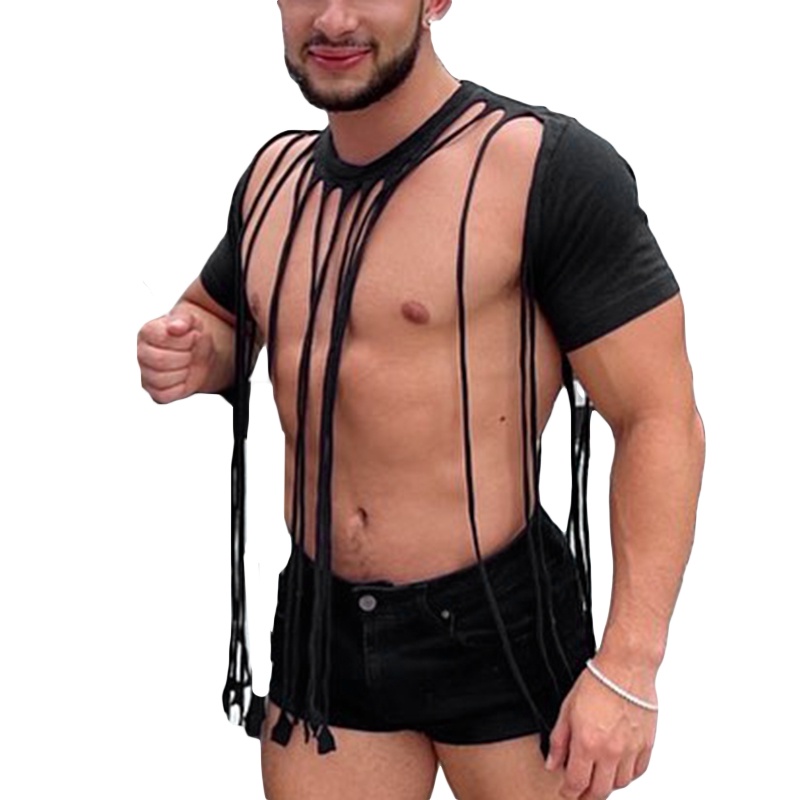 Áo Croptop Tay Ngắn Màu Trơn Phối Tua Rua Phong Cách Dân Tộc Cho Nam