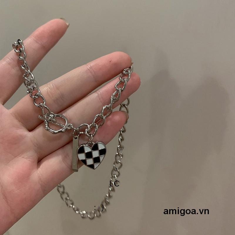 ✨✨Vòng cổ phối mặt trái tim kẻ caro móc gài thời trang độc đáo Hàn Quốc dành cho nữ
