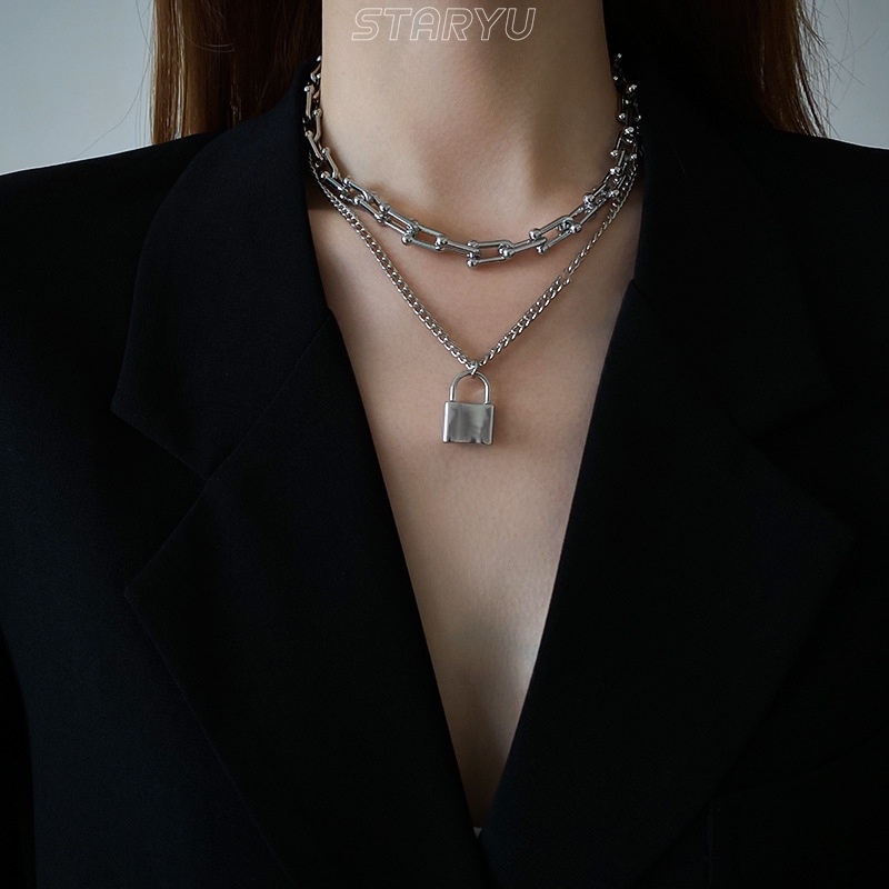 Staryu Set 2 Vòng cổ Hai Lớp Mặt Ổ Khóa Nhỏ Unisex