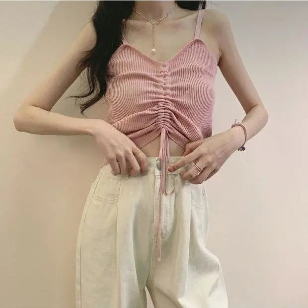Áo camisole ZHELIHANGFEI dệt kim phối dây rút xinh xắn cho nữ