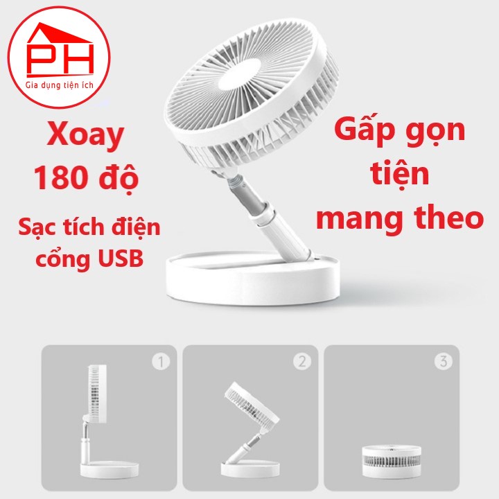 Quạt gấp gọn mini (Đường kính 10cm , cao 20cm) - Tích điện sạc USB tiện dụng , gấp gọn dễ dàng mang theo , 3 chế độ gió