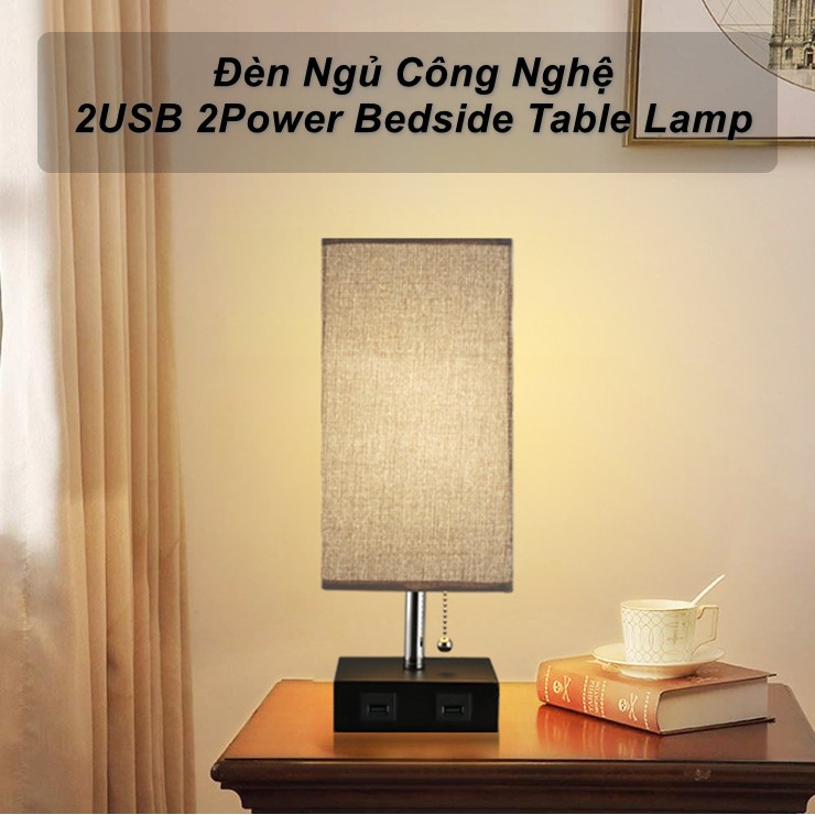 Đèn phòng ngủ để bàn Bedside Table Lamp 2 Cổng USB 2 Ổ cắm 3 chấu kiểu Mỹ - Hamilton Place