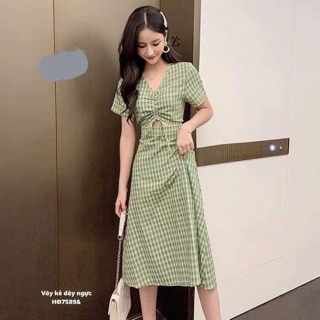 Váy kẻ dây ngực -hđ
