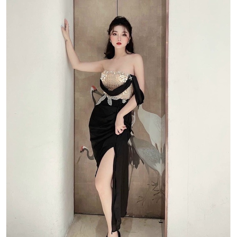 MS1228y ĐẦM PHI LỤA RỚT VAI ĐÍNH KS FULL SIZE S/M/L/XL