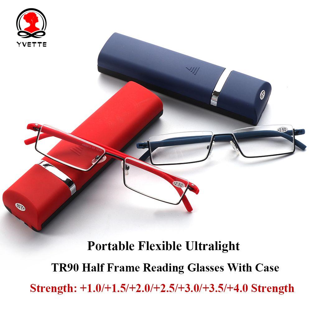 YVETTE Unisex Reader Eyeglasses Portable Semi Rimless Reading Glasses Vision Care with Case TR90 Ultralight Half Frame/Multicolor