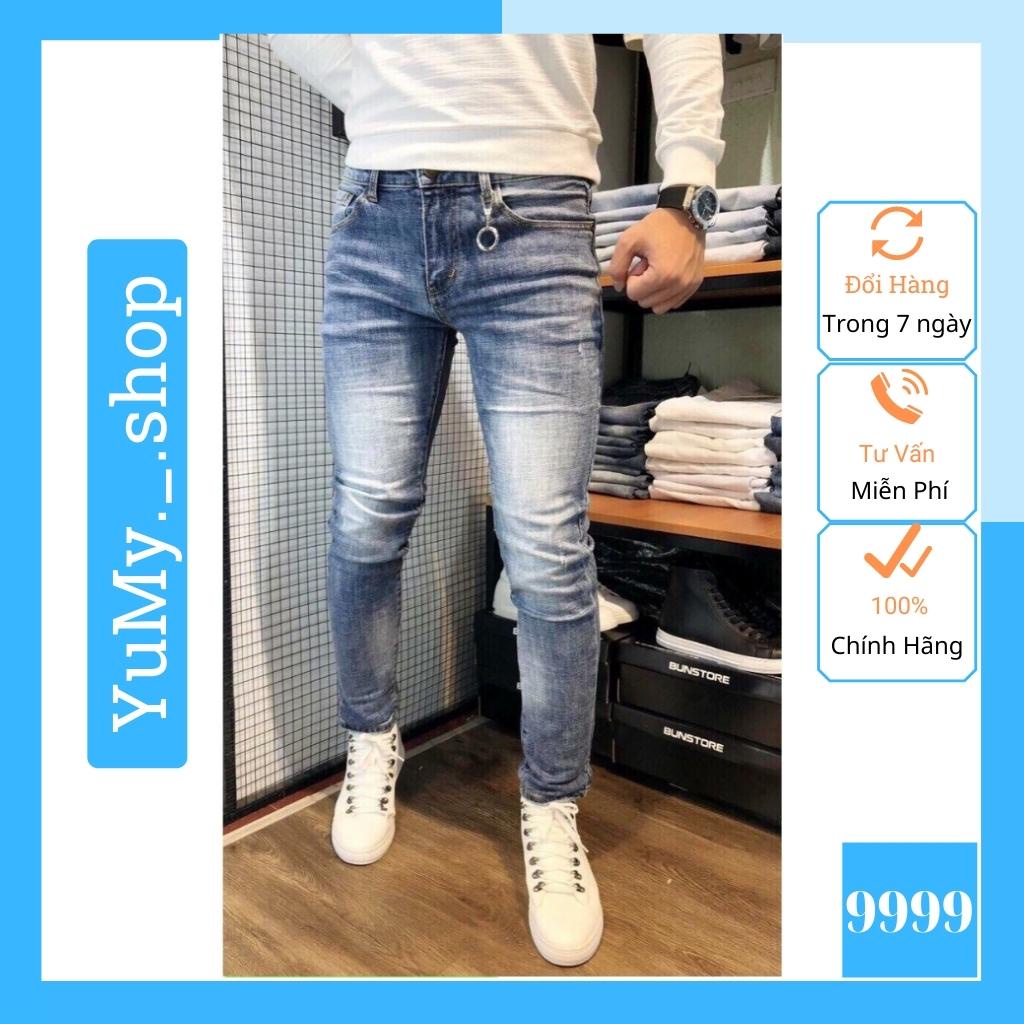 Quần jean nam màu xanh trắng đậm không rách gối chất bò cao cấp co dãn 4 chiều đẹp from dáng rin skinny YuMy JM51