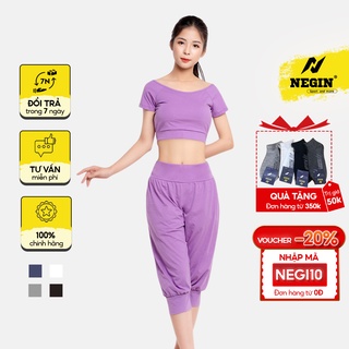 Bộ Đồ Tập Yoga Alibaba NEGIN Dáng Lỡ Áo Croptop Cộc Tay Ôm Body Và Quần Ngố Bo Gấu,Chất Cotton Lạnh Cao Cấp Thấm Hút Mồi