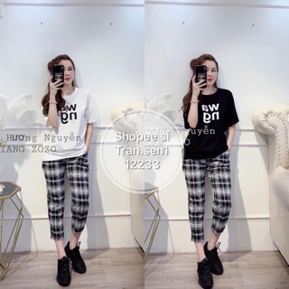 Bộ mặc nhà quần kẻ nữ Wang hot
