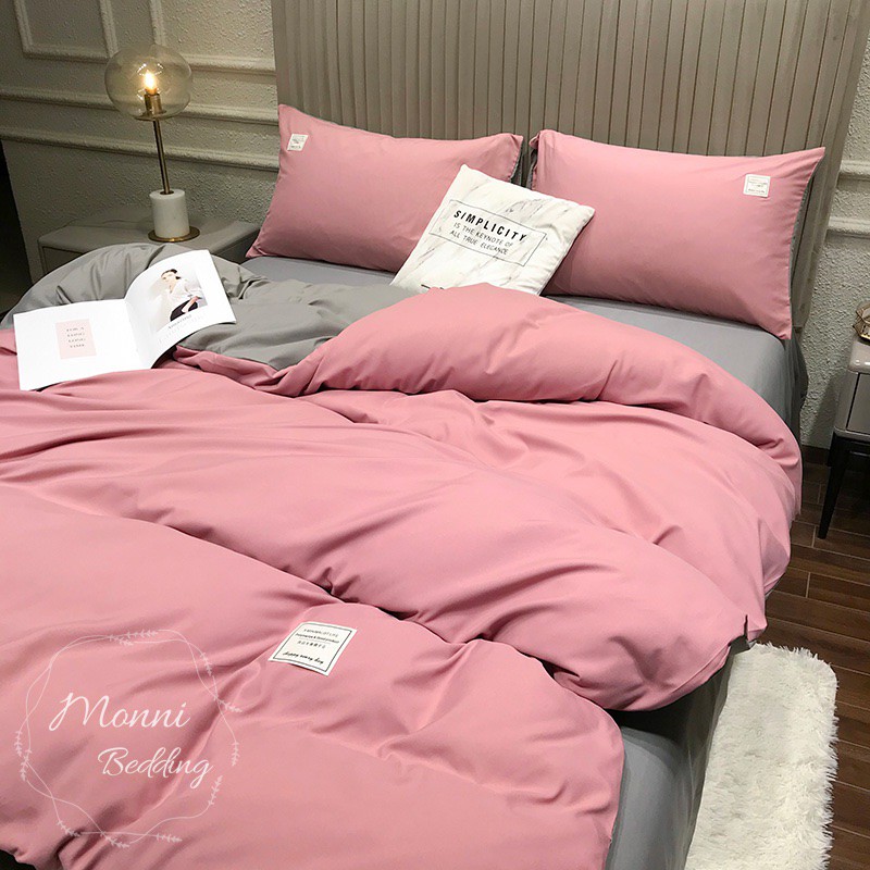 BỘ GA GỐI COTTON HÀN QUỐC TICI HỒNG PHỐI XÁM CỰC XINH