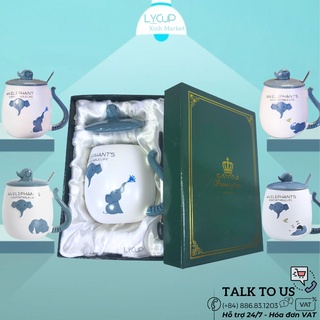 Cốc sứ VOI XANH - KHẮC TÊN THEO YÊU CẦU ý nghĩa, ly sứ CÓ NẮP và THÌA, dung tích 450ml, HÔP QUÀ TẶNG in logo, in hình