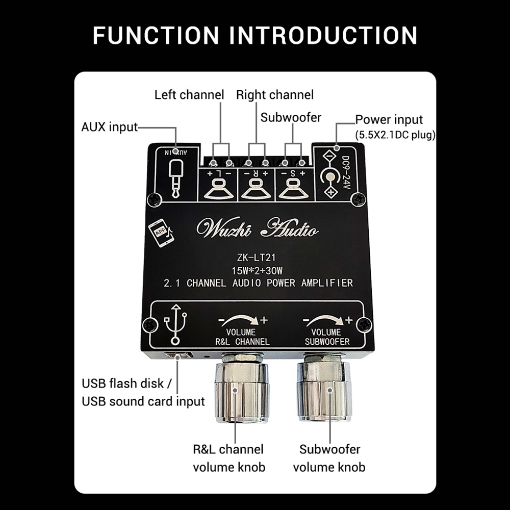 Bảng mạch khuếch đại âm thanh Ziqqucu ZK-LT21 Bluetooth 2.1 kênh 15WX2 + 30W kèm phụ kiện
