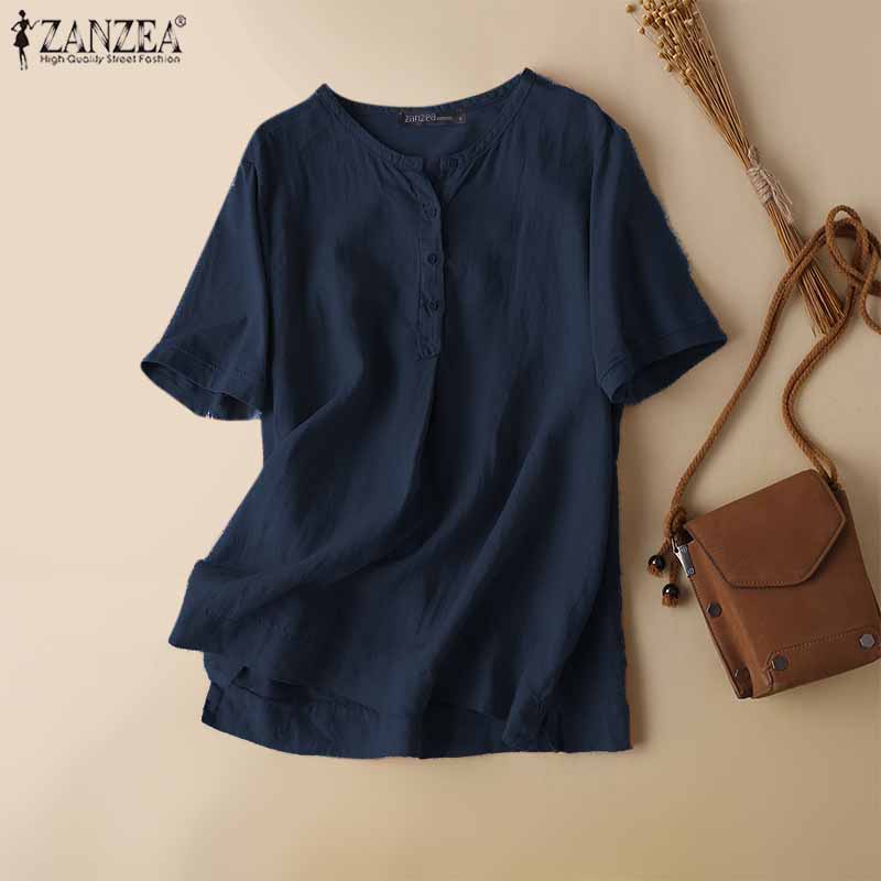 Zanzea Áo Sơ Mi Tay Ngắn Cổ Tròn Màu Trơn Thời Trang Dành Cho Nữ