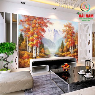 Tranh dán tường 3D Mùa thu vàng - Vải lụa kim sa