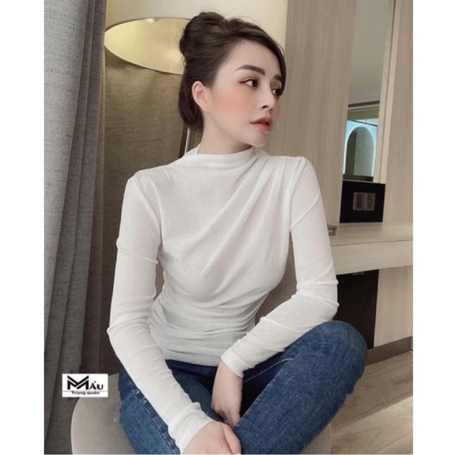 Áo thun giấy rúm cổ leo 3P chất mỏng nhẹ, Áo kiểu cổ cao dài tay AT7128 - NhiNhi Shop