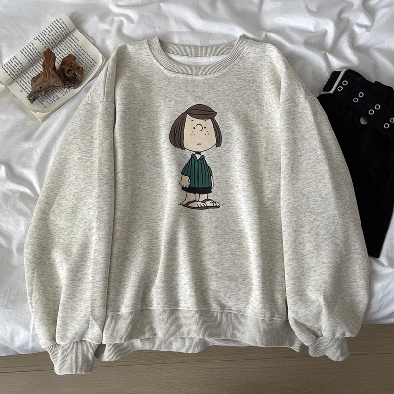 Áo Sweater Nỉ Bông Cổ Tròn In Hình Cô Gái Cute Bo Gấu Oversize Dễ Thương