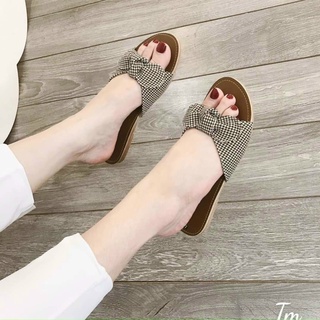 Dép quai ngang nữ thời trang đính nơ bánh bèo - Dép bệt nơ kẻ caro hot hit siêu yêu cute