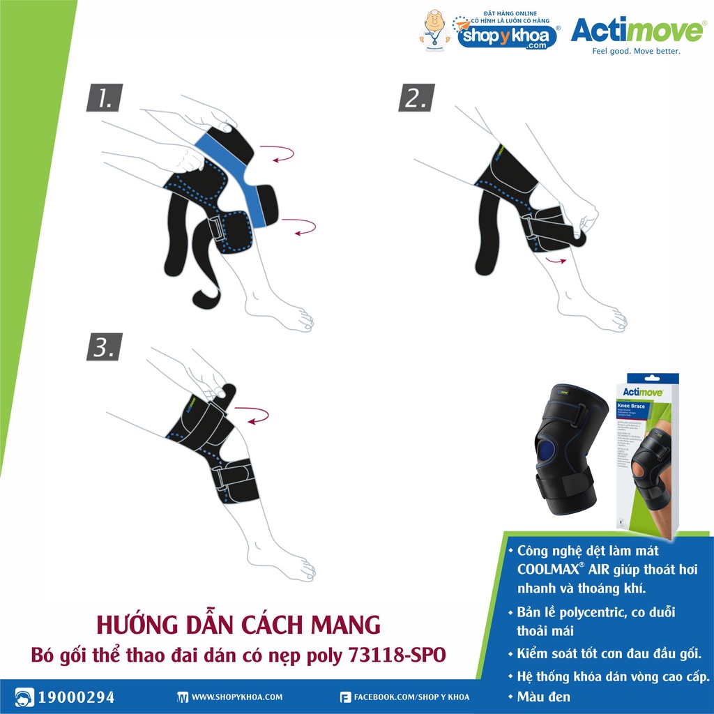 Bó Gối Thể Thao Đai Dán, Nẹp Bản Lề Poly 2 Bên, 73118-SPO, Màu Đen [Actimove] - NK Chính Hãng Châu Âu (1 Cái)