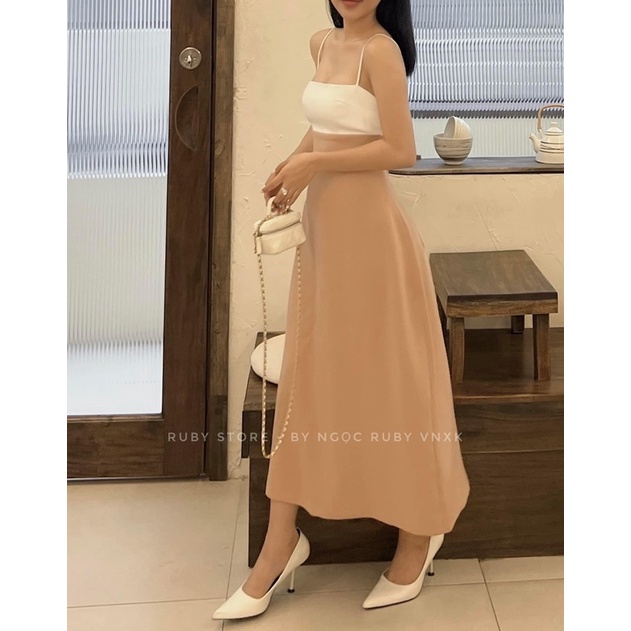 Đầm Maxi 2 Dây Phối Màu Đơn Giản Thanh Lịch