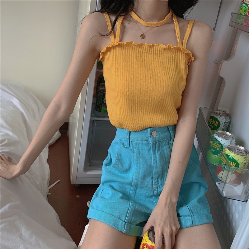 Xiaozhainv Áo Hai Dây Xiaozhainv Dệt Kim Thời Trang Phong Cách Hàn Quốc Gồm 3 Màu Trơn Tùy Chọn