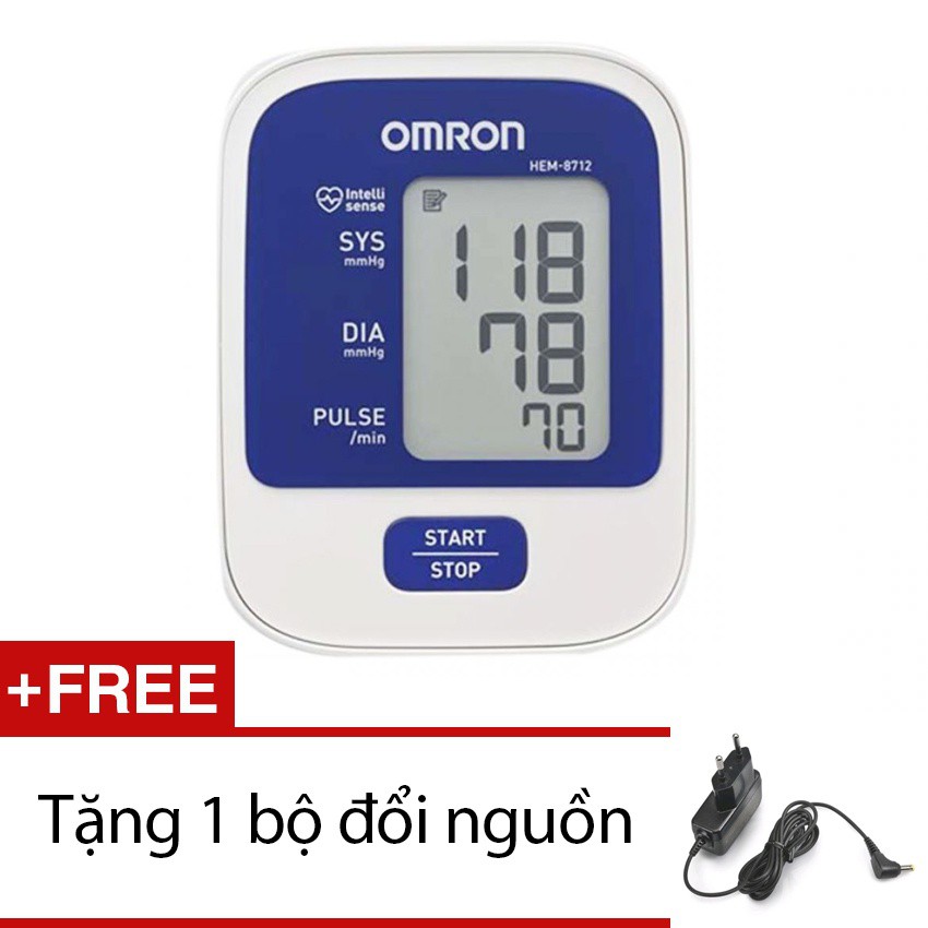 Máy đo huyết áp bắp tay Omron Hem 8712 (Trắng phối xanh) + Tặng bộ đổi nguồn Tốt