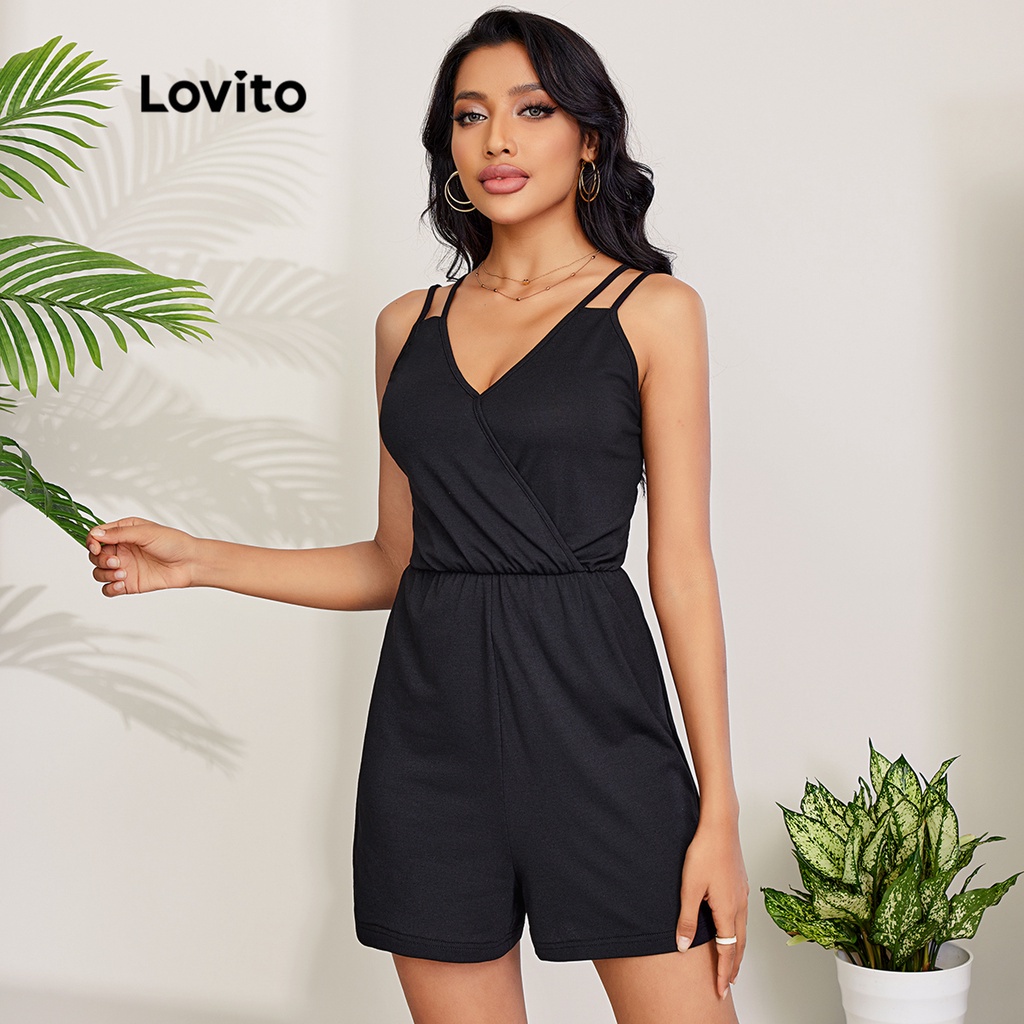 Romper hai dây Lovito màu trơn ống rộng thiết kế cắt xẻ phong cách lãng mạn L27LD057 (màu đen)