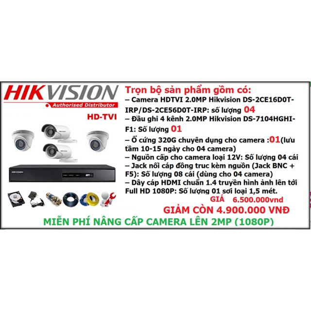 Bộ 4 Camera Hik 2.0Mp HDD 320GB